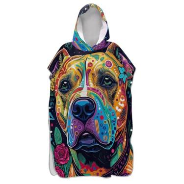 Imagem de TSENQUE Pitbull colorido arte cão surfe poncho trocador para adultos leve unissex adulto poncho com capuz praia moletom toalha floral