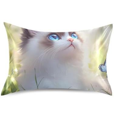Imagem de Lindas capas de almofada de cetim gatinho ragdoll gato para arrefecimento de cabelo, arte fofa, padrão Queen King, travesseiro de cama confortável, tamanho king, 101,6 cm x 50,8 cm