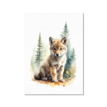 Imagem de Arte de parede de berçário botânico fofo safári floresta nebulosa urso coelho raposa lobo guaxinim cervo girafa zebra tigre aquarela decoração de quarto infantil (SKU4,12 x 45,7 cm = (30 x 45 cm), sem