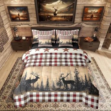 Imagem de Erosebridal Conjunto de cama rústico de veado da floresta, 7 peças, cortina, casa de fazenda, campo, chalé, cama king, animal, selvagem, caça, veado, cama em uma bolsa, vermelho, marrom, búfalo