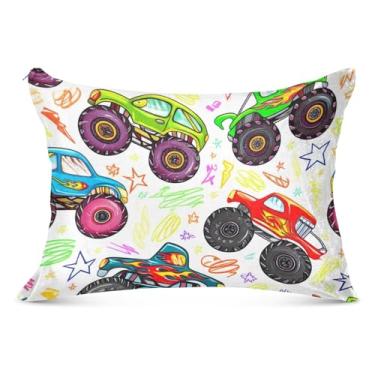Imagem de Capa de almofada de flanela com desenho animado colorido Monster Trucks padrão Queen King Capas de travesseiro coloridas para travesseiro de cama, tamanho Queen, 50,8 cm x 76,2 cm