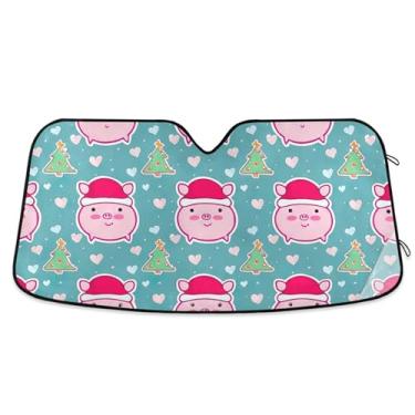 Imagem de Chapéu de Natal com estampa de porco rosa fofo guarda-sóis de carro personalizado para para-brisa caminhão caminhão automotivo para-brisas proteção retrátil M, 139,7 cm x 70,1 cm