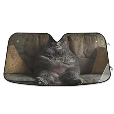 Imagem de Guarda-sol engraçado gato cinza gordo personalizado para para-brisa de carro retrátil dobrável acessórios de carro para-brisa proteção de para-sol L, 144,8 cm x 80 cm