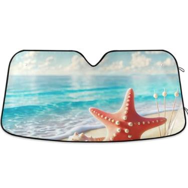 Imagem de Guarda-sol personalizado costeiro estrela do mar concha para para-brisa bonito protetor solar universal dobrável para para-brisa dianteiro de carro impressões de animais L, 144.8 cm x 80.0 cm