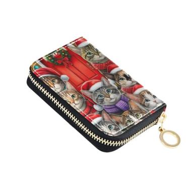 Imagem de Porta-cartões de crédito com bloqueio de RFID, carteira feminina de couro pequena com zíper, porta-chaves, gatos fofos, animais de Natal