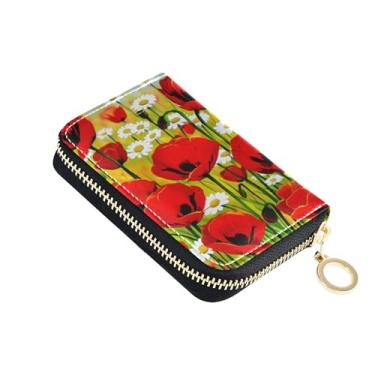 Imagem de Carteira feminina divertida de couro com bloqueio de RFID, carteira de cartão de crédito, flor vermelha vibrante, margarida branca com zíper e bolso para moedas