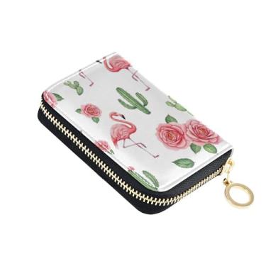 Imagem de Carteira feminina pequena com protetor de cartão de crédito com bloqueio de RFID, carteira de viagem com zíper rosa flamingos cacto floral