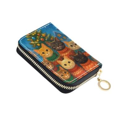 Imagem de Carteira feminina à prova de digitalização pequena com bloqueio de RFID, porta-cartões fofos, sete gatos fofos, suéteres festivos, carteira com zíper e bolso para moedas