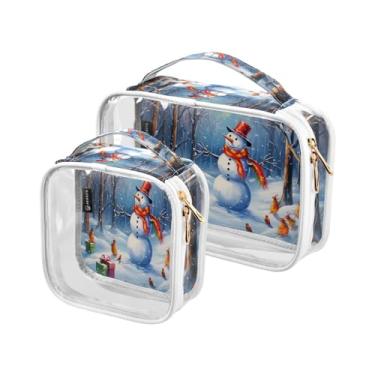 Imagem de GAIGEO Desenhado com bolsa transparente para viagem de alimentos, bolsas de armazenamento transparentes, bolsa de higiene pessoal transparente para mulheres, pacote com 2, Floresta de Natal com boneco