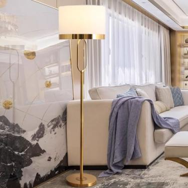 Imagem de Luminária de chão em tecido com formato de tambor, moderna e minimalista, para decoração de interiores. Luminária vertical em metal polido, ideal para cantos de salas de estar. Luminária de