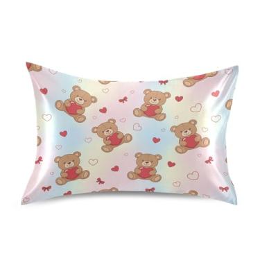 Imagem de Wassud Fronha de cetim de coração ursos marrons dia dos namorados para cabelo e pele fronhas de seda lisa queen size capas de travesseiro respiráveis com fecho de envelope
