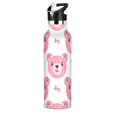 Imagem de Garrafas de água infantis isoladas para escola, desenho animado de cabeça de urso rosa, 590 ml, à prova de vazamento, parede dupla, copo de viagem de aço inoxidável para crianças com tampa de canudo