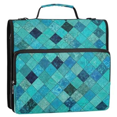Imagem de Bolsa organizadora de fichário xadrez com zíper e azulejos azuis turquesa com alça, suporte de pasta de 3 anéis D para escola ou escritório