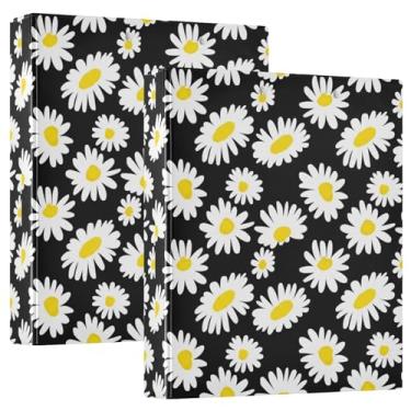 Imagem de Pastas de margaridas brancas pretas de 3 cm com 3 anéis para guardar 200 folhas, 3 pastas de anel, fichário redondo, 31,5 x 27 x 6 cm, pacote com 2