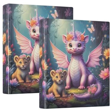 Imagem de Fichários de três anéis de unicórnio rosa dragão fofo 200 folhas, portfólio fofo, anel redondo, floral, fichário resistente, 31,5 x 27 x 6 cm, 1 pacote