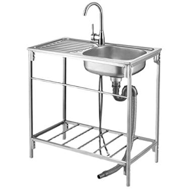 Imagem de Conjunto de pia de cozinha de restaurante comercial de aço inoxidável com bancada de trabalho e prateleiras de armazenamento, para garagem, restaurante, cozinha, lavanderia, interior, exterior