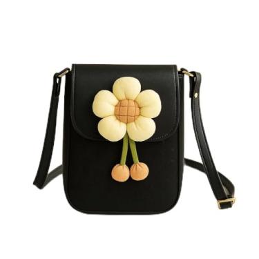Imagem de Bolsa transversal floral para mulheres, bolsa de ombro pequena estilo INS com fecho de zíper para passeios diários, Preto