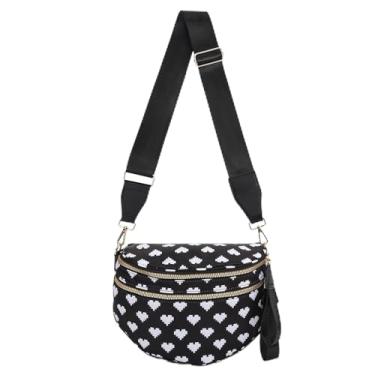 Imagem de Bolsas transversais para mulheres, pochete espaçosa de nylon, pochete quadriculada grande crescente, Estampa de coração - preta