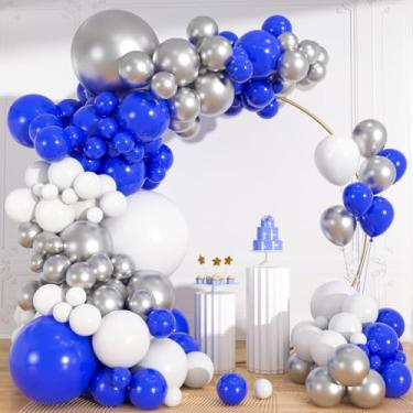 Imagem de 113 peças de balões azuis e prateados, kit de arco de guirlanda, 18/12/10/12 polegadas azul real branco prata balões confetes para aniversário, formatura 2026, dia dos pais, decorações de festa de