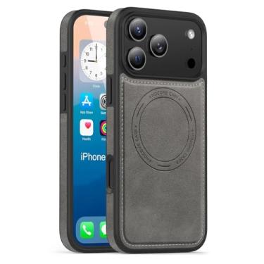 Imagem de SFDSUH Capa fosca com textura de couro para iPhone 16 Pro Max, com fecho magnético e resistente a impactos (para iPhone 16 Pro Max/Cinza)