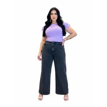 Imagem de Calça Jeans Feminina Wide Leg Preta Rasgada Plus Size Lycra - By Reemb