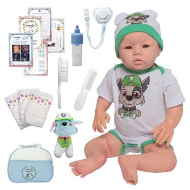 Imagem de Bebe Reborn Menino Corpo Silicone Olhos Azuis Bolsa Itens - Cegonha Re