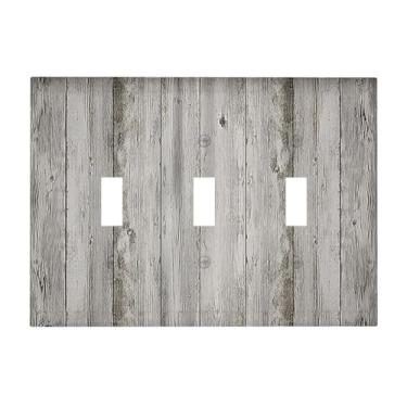 Imagem de Nadoabtm Placas decorativas para interruptores de casa de fazenda rústica cinza porta de celeiro de madeira 3 gangues placa de parede com interruptor de luz tripla placa frontal painéis elétricos de