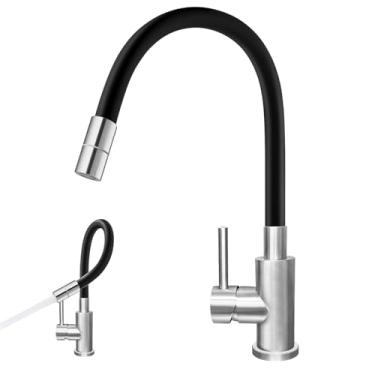 Imagem de Torneira de cozinha pulverizador de silicone flexível alça única torneira de pia de cozinha com giro 360 para casas de fazenda, trailer, lavanderia utilitária, ao ar livre (preto e escovado)