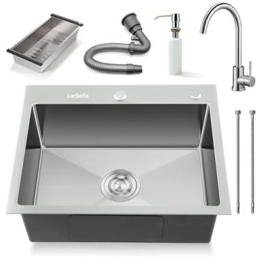 Imagem de LarSofia Pix Cuba Inox Cozinha com Torneira, Pia de Aço Inoxidável 304 Escovado,16 Gauge 3mm,60x45x21cm, Kit Completo com Acessórios, Design Quadrado