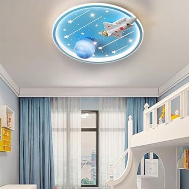 Imagem de Luminária de teto LED moderna com desenho animado de foguete, planeta e estrela, com intensidade regulável e controle remoto, ideal para quarto infantil, sala de estar e escritório (azul).
