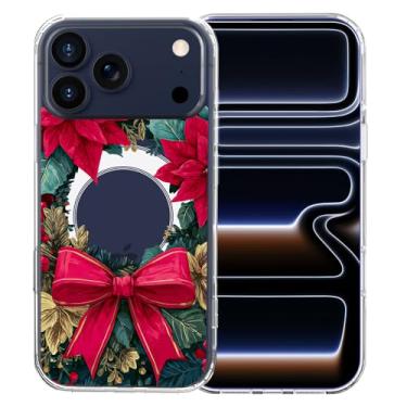 Imagem de MAYCARI Capa para iPhone 16 Pro Max, linda capa de celular magnética transparente com laços vermelhos de flores silvestres de Natal, compatível com MagSafe, capa protetora transparente à prova de