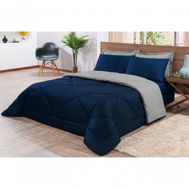 Imagem de Kit Edredom + Jogo De Lençol Aconchego Look House Casal Padrão 6 Peças 80% Algodão , 20% Poliéster- Azul E Cinza