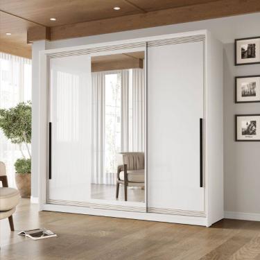 Imagem de Guarda Roupa Roupeiro 3 portas de correr 4 gavetas com Espelho Valência Branco Politorno Móveis