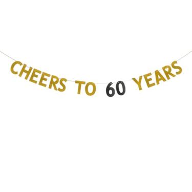 Imagem de Banner CHEERS TO 60 YEARS, pré-amarrado, dourado e preto Glitter Paper Banner para festa de 60º aniversário de 60 anos suprimentos de decorações de festa de aniversário de casamento, sem necessidade