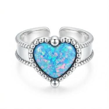 Imagem de Anel aberto de coração de opala azul brilhante pedra do mês de nascimento de coração de amor ajustável aberto empilhável anéis de dedo ajuste confortável alianças de noivado de casamento delicado