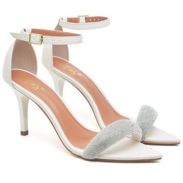 Imagem de Sandália Feminina Salto Médio Bico Folha Napa Off White/Manta Strass -
