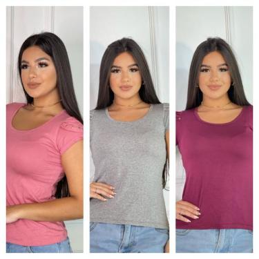 Imagem de Kit 3 blusas Femininas detalhe na Manga - GK, Rosa, Vinho, Cinza