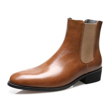 Imagem de Botas masculinas Chelsea de couro sintético polido, casual, sem cadarço, cano baixo, botas sociais para homens, Marrom, 8