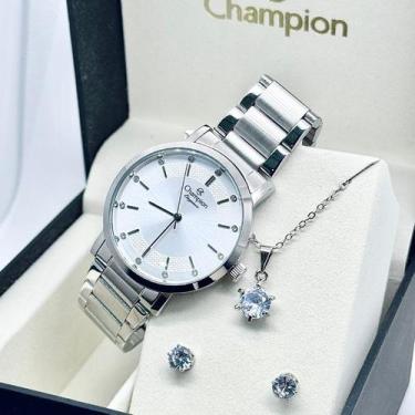 Imagem de Kit Relógio Champion Feminino Original Correia E Fundo Prateado com Co