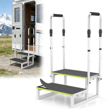 Imagem de DEPSUNNY Banqueta para trailer com corrimão, escada de 2 degraus com 2 corrimãos, plataforma larga e tapetes antiderrapantes, escadas portáteis para banheira de hidromassagem/trailer/casa móvel