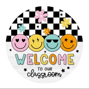 Imagem de Whaline Placa de madeira para pendurar na sala de aula, boho, retrô, groovy, branca, preta, quadriculada, para decoração de porta de volta às aulas, decoração de parede