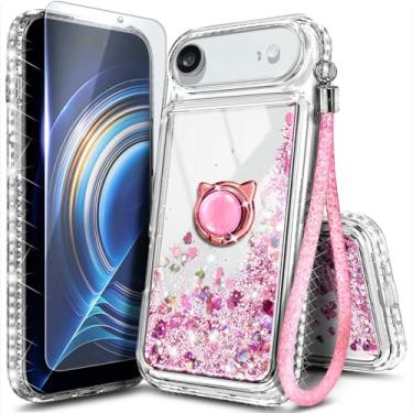 Imagem de Capa NGB projetada para iPhone-Air, ouro rosa | Capa de telefone fofa com glitter líquido brilhante para mulheres e crianças | com protetor de tela de vidro temperado, suporte de anel e cordão de