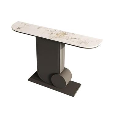 Imagem de Mesa de console moderna com topo de mármore sintético, entrada moderna com base de metal para sala de estar, lado do sofá, corredor de TV (preto, pequeno)