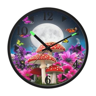 Imagem de STAYTOP Relógio de parede LED de cogumelos e flores selvagens para quarto com brilho noturno, relógios de parede silenciosos de 30 cm para decoração de sala de estar, controle de som, relógio de