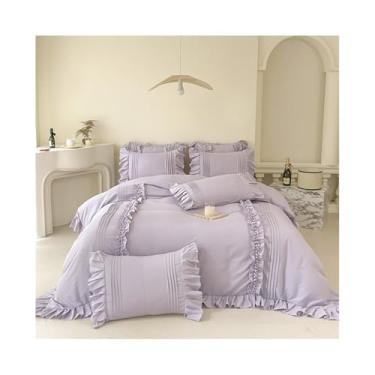 Imagem de Jogo de cama de 4 peças estilo princesa coreana com babados de renda cor sólida conjunto de capa de edredom plano/elástico (roxo, tamanho casal EUA 4 peças)