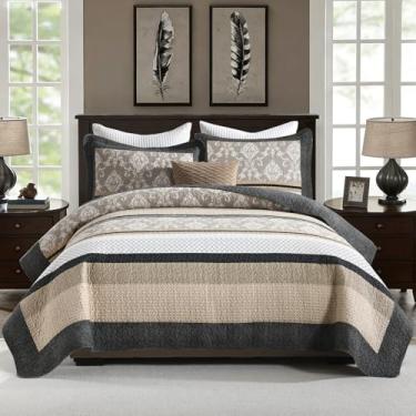 Imagem de PANGUSHAN Conjunto de colcha King Size – Conjunto de edredom King 100% algodão, colcha de fazenda listrada com 2 fronhas, roupa de cama leve reversível, colcha de cama king para todas as estações