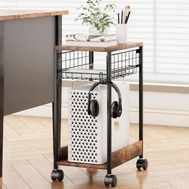 Imagem de Suporte de Torre de Computador de 3 Níveis, Suporte de CPU Marrom com Rodas Giratórias, Móvel e Resistente para Escritório, Casa e Estúdio