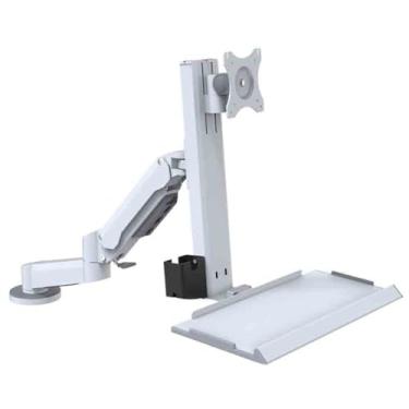 Imagem de Suporte de monitor branco estilo mesa de braço duplo com uma bandeja regular que pode girar e suportar acessórios de mesa de até 25 kg