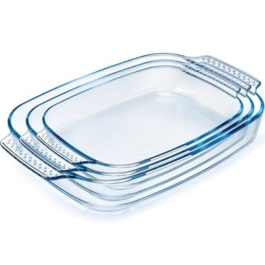 Imagem de Conjunto de assadeira de vidro grande, forma de vidro segura para forno fácil de pegar 2 litros + 2,7 litros + 3,3 litros