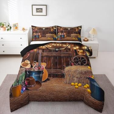 Imagem de jejeloiu Conjunto de cama de caubói country macio para meninos e meninas, conjunto de edredom solteiro de música rural tamanho solteiro, edredom de microfibra, chapéu de violão, cacto, decoração de